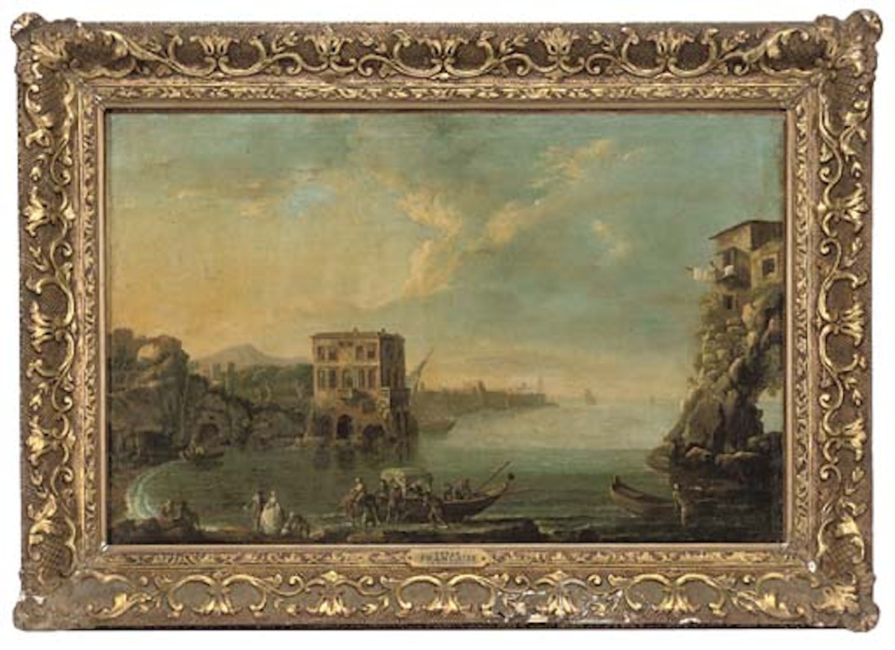 Coastal landscape with elegant company disembarking from barge by Carlo Bonavia