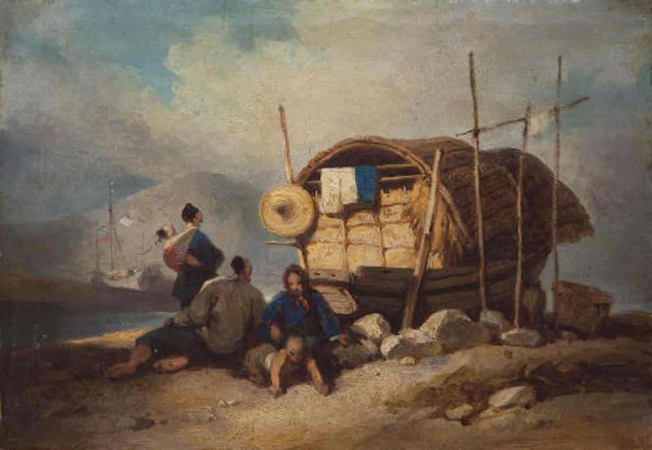 A Chinese family with their sampan on the banks of the Pearl river by George Chinnery