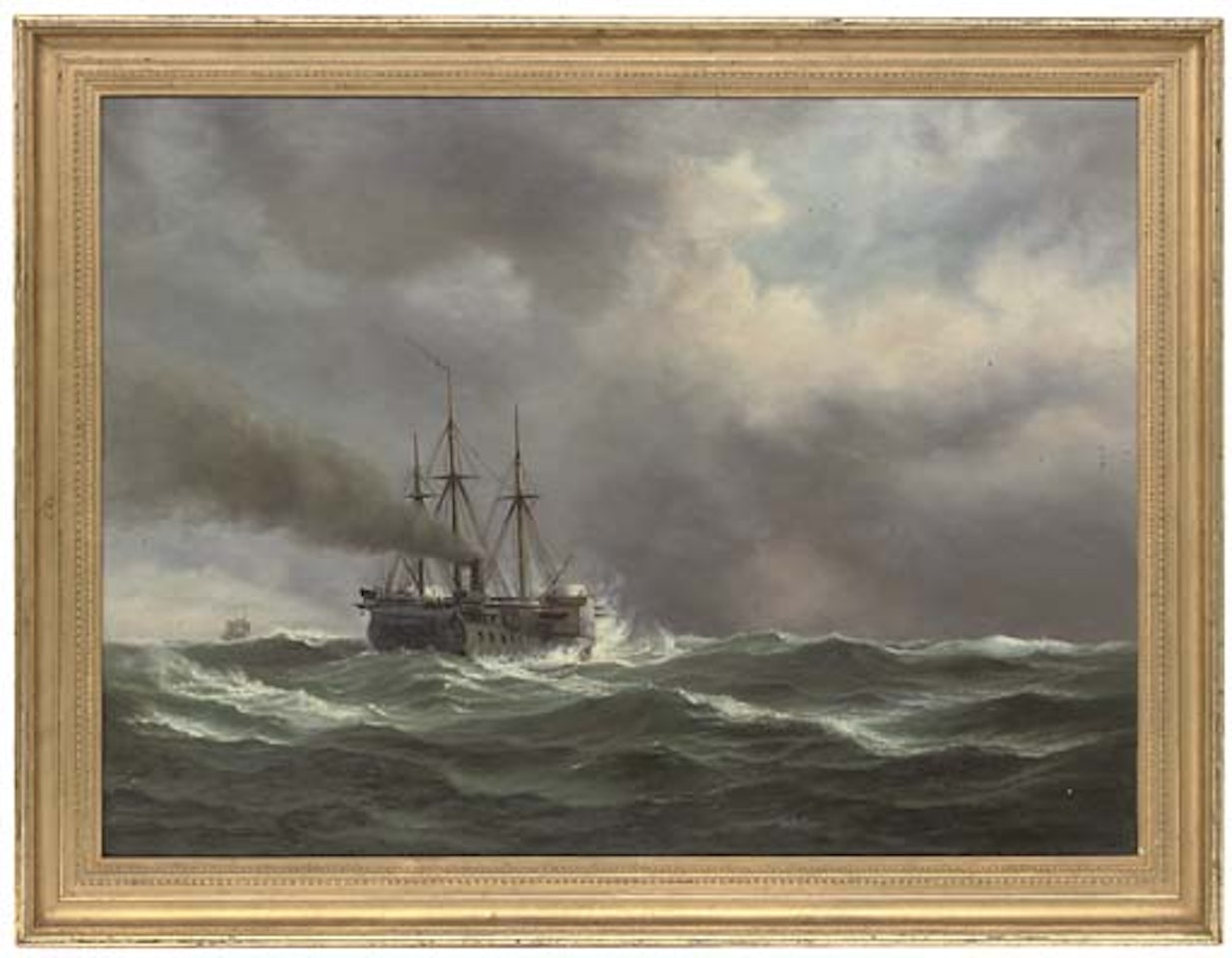 Paddle steamer in heavy seas, a ship beyond by Anton Melbye