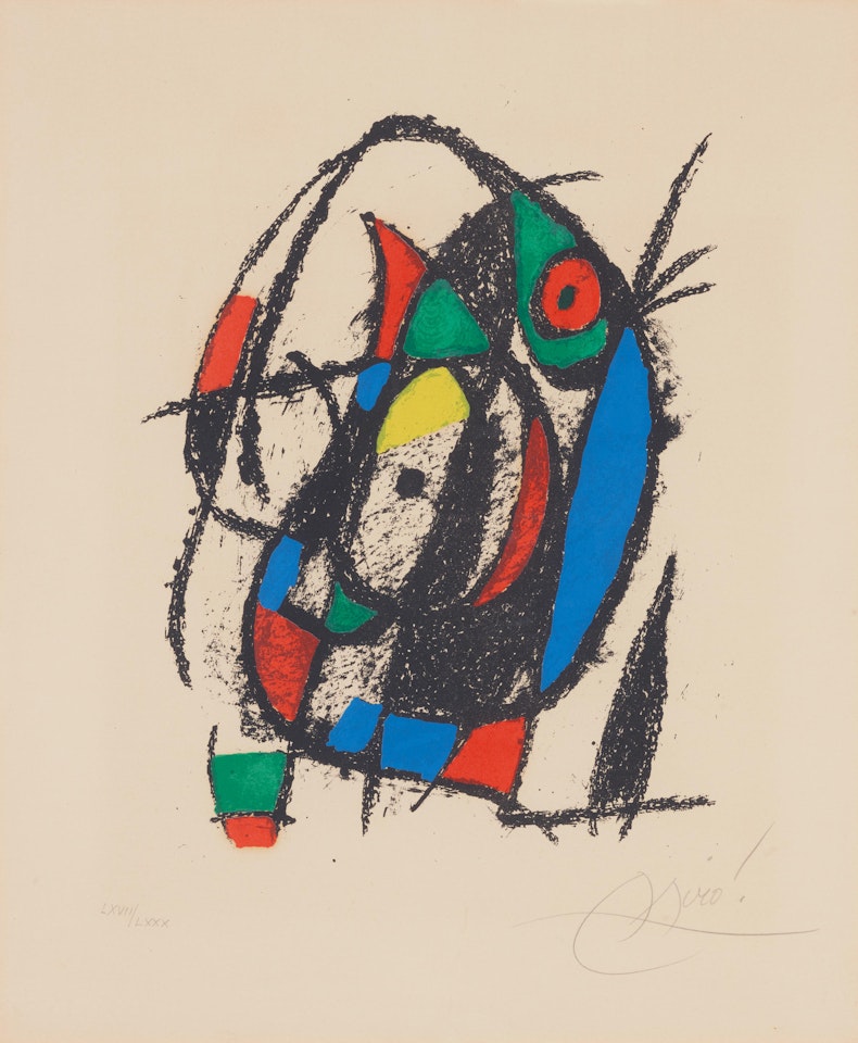 Lithograph in colors on Arches paper, signed in pencil and numbered LXVII/LXXX (there was also an edition of 150 on Rives BFK paper), published/printed by Maeght/Mourlot, Paris, with full margins, framed. by Joan Miró