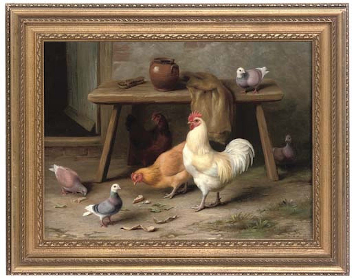 A cockerel, hens and pigeons feeding by a table by Edgar Hunt