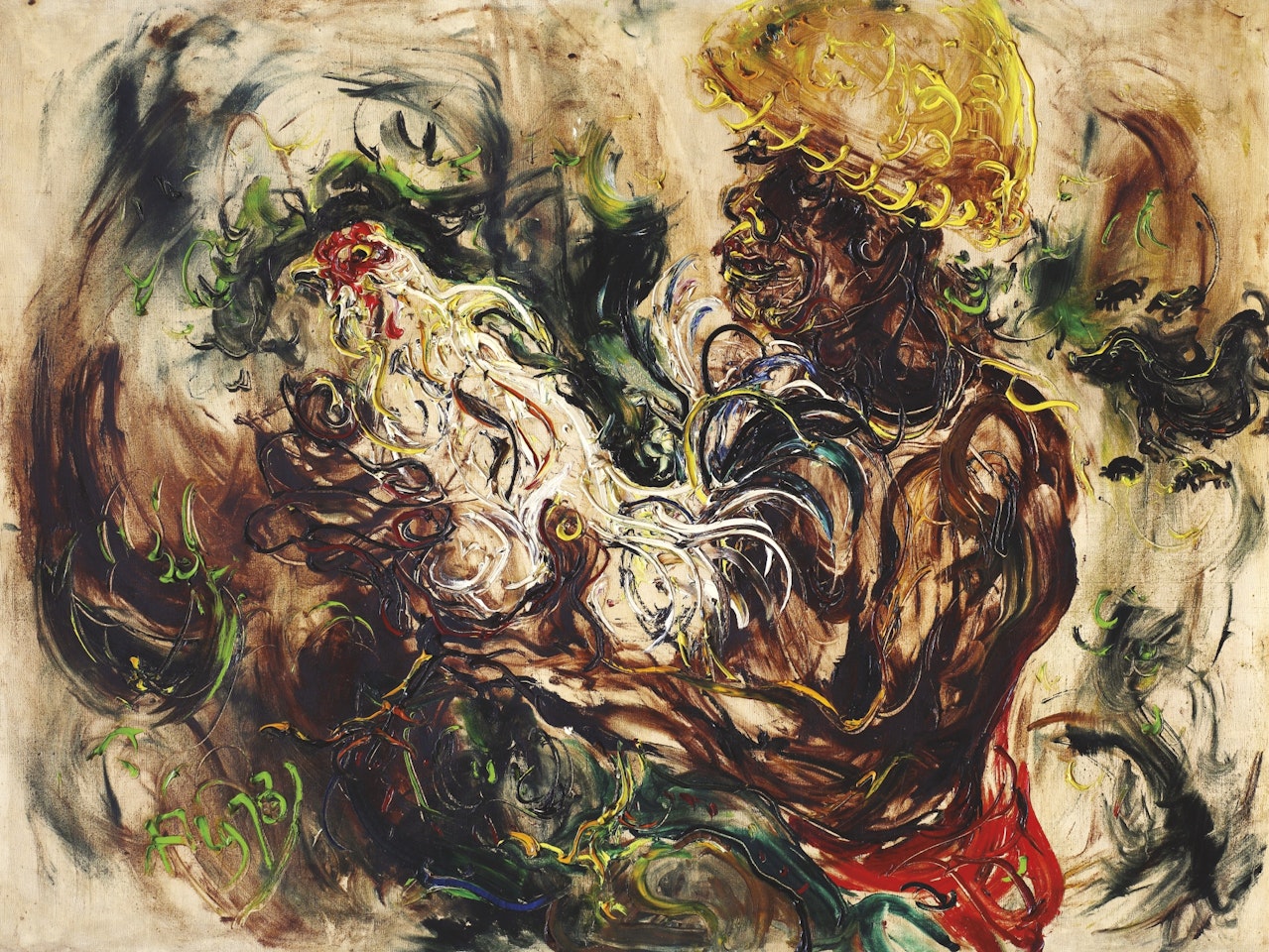 MAN WITH COCKEREL by Affandi