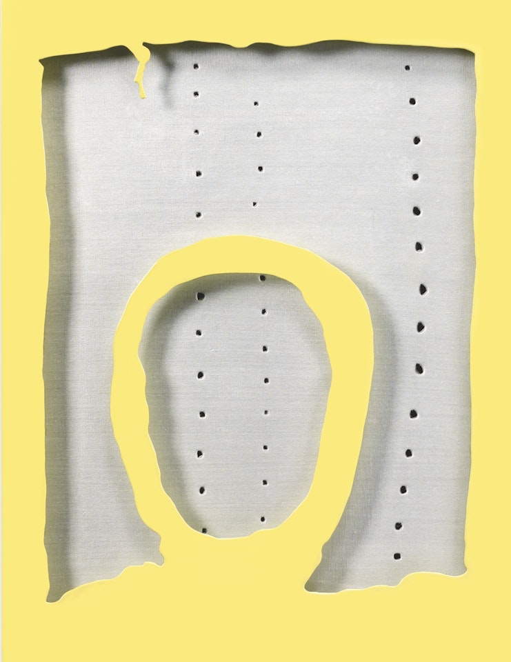 CONCETTO SPAZIALE, TEATRINO�
OIL ON CANVAS, SILVER GREY, AND LAQUERED WOOD, YELLOW. EXECUTED IN 1965 by Lucio Fontana