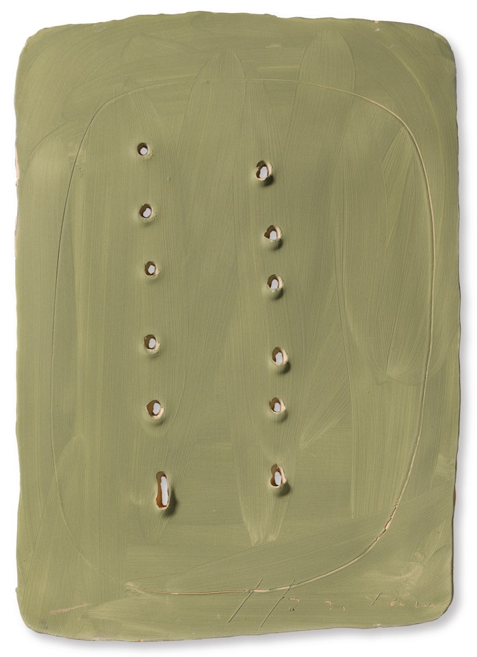 CONCETTO SPAZIALE
SIGNED, GRAFFITO AND PAINTED TERRACOTTA. EXECUTED IN 1960-65 by Lucio Fontana