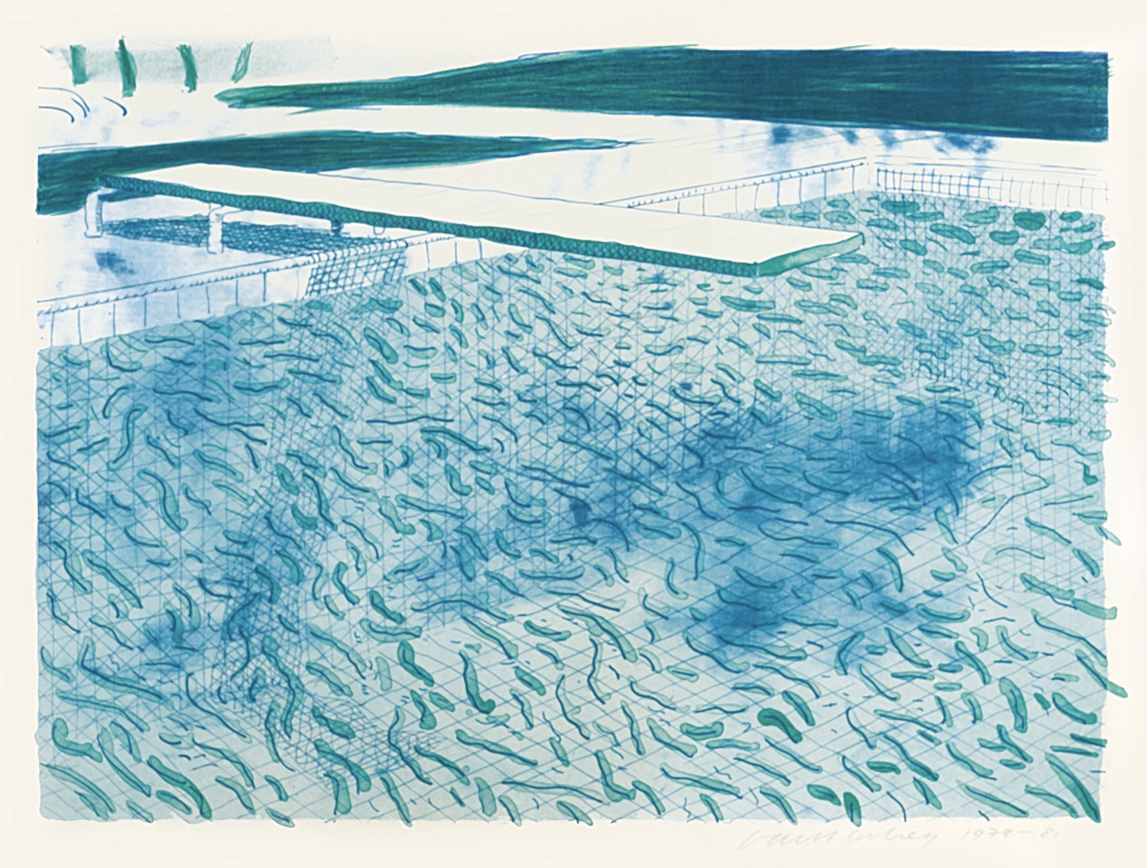 WATER MADE OF LINES, A GREEN WASH, AND A LIGHT BLUE WASH by David Hockney