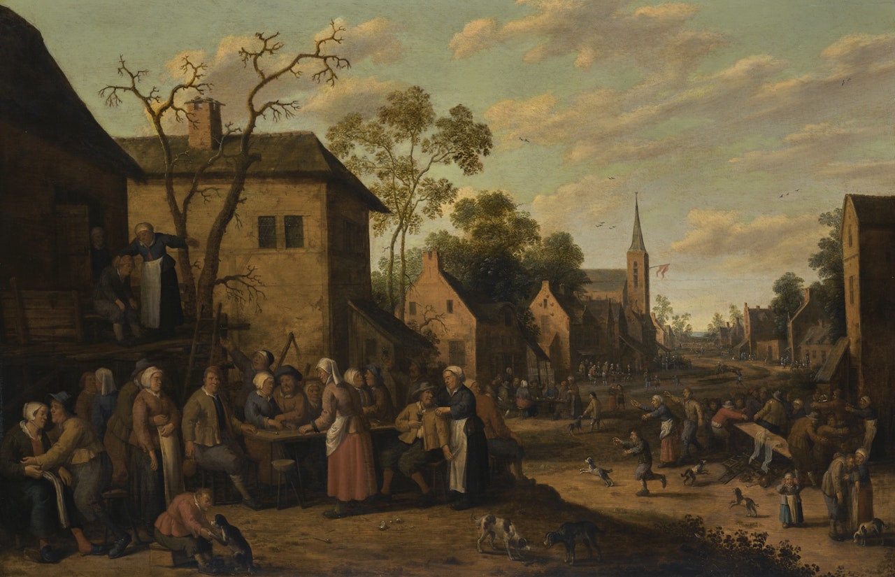 A VILLAGE STREET SCENE WITH FIGURES EATING AND DRINKING by Joost Cornelisz Droochsloot