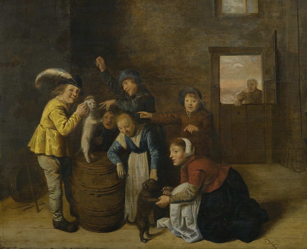 CHILDREN PLAYING WITH DOGS IN AN INTERIOR by Jan Miense Molenaer