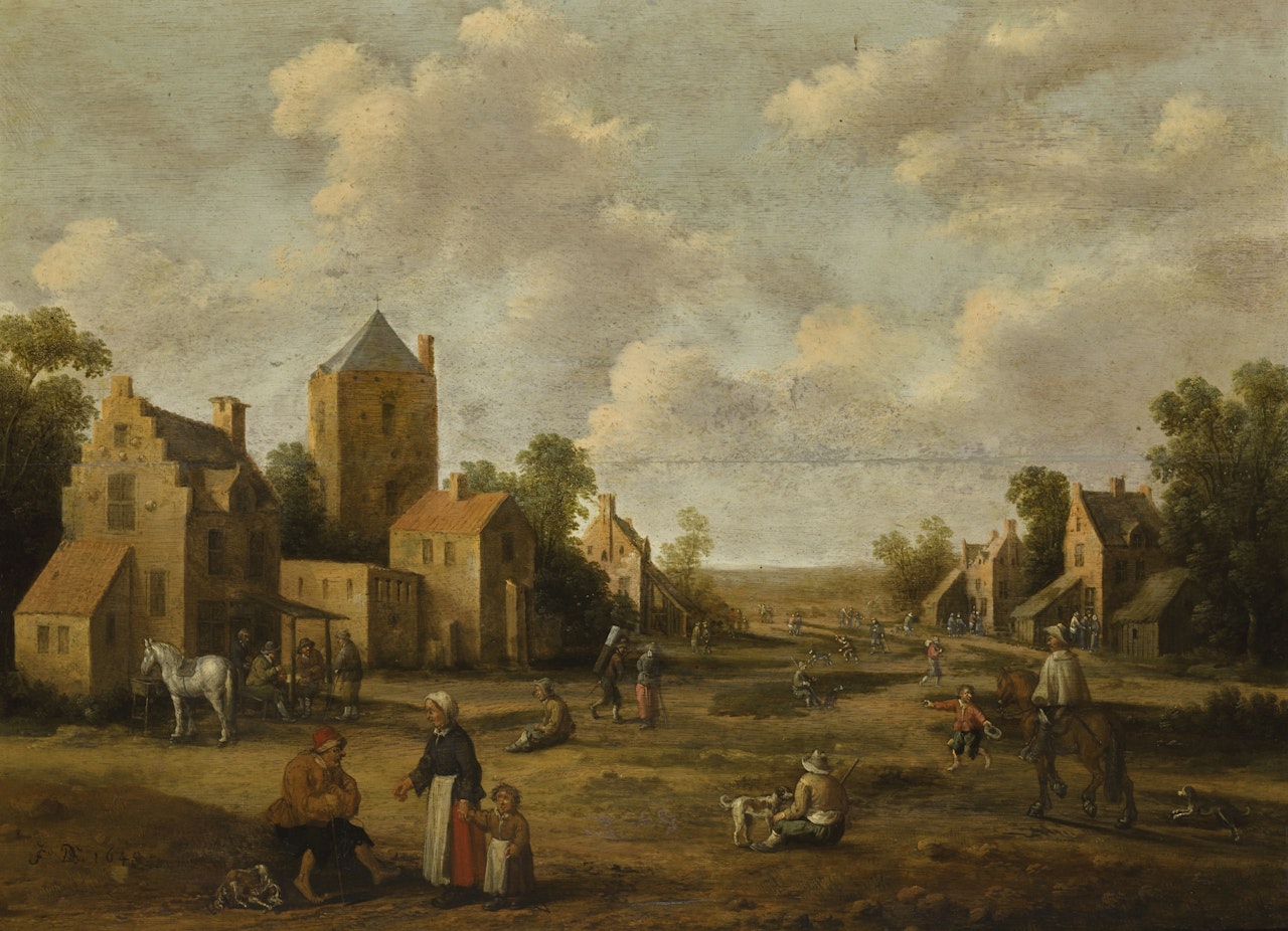 A VILLAGE LANDSCAPE WITH FIGURES AND HORSEMEN CONVERSING by Joost Cornelisz Droochsloot
