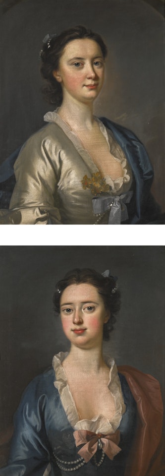 PORTRAIT OF MARGARETTA, HALF-LENGTH, IN A WHITE DRESS AND BLUE CLOAK; PORTRAIT OF HER SISTER, FRANCES, HALF-LENGTH, IN A BLUE DRESS AND PINK CLOAK, BOTH DAUGHTERS OF JOHN BAMPFYLDE (1691-1750) by Thomas Hudson