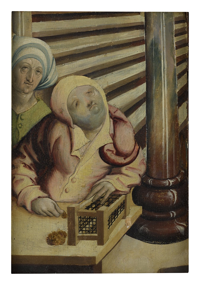 MERCHANTS COUNTING COINS WITH A BIRDCAGE by German School