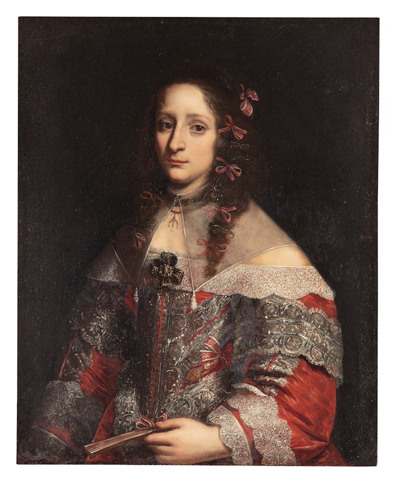 PORTRAIT OF A LADY, THREE-QUARTER LENGTH, IN AN ELABORATELY DECORATED SILK RED DRESS WITH WHITE LACE AND A SHEER FALLING COLLAR by Pier Francesco Cittadini