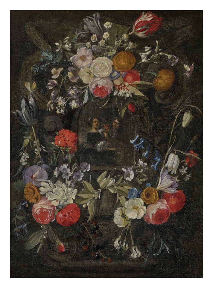 A FLOWER GARLAND WITH PEONIES, TULIPS, ROSES, AND LILIES SURROUNDING A FAMILY PORTRAIT by Flemish School