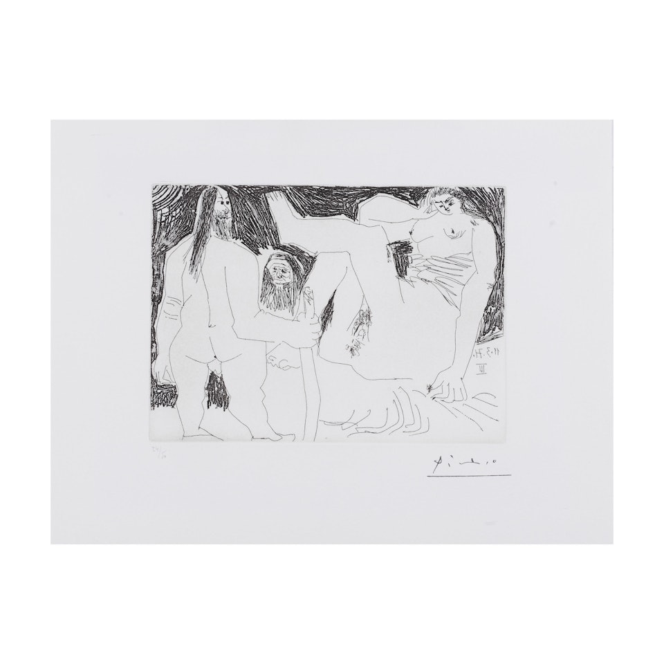 Buveur et prostituée blonde et Homme primitif, Célestine et fille, Série 156 by Pablo Picasso