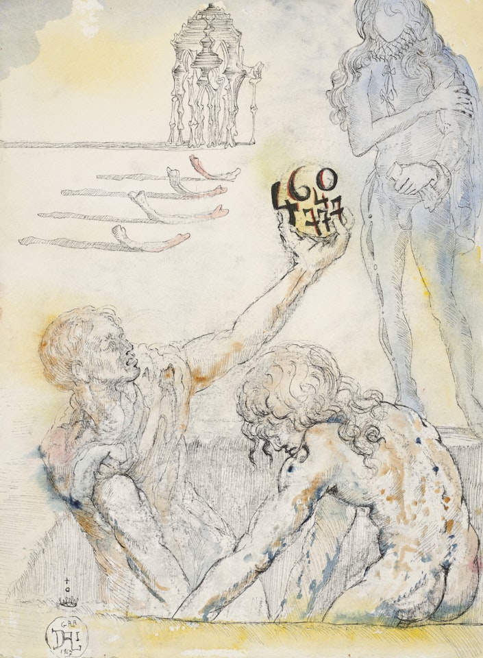 Les deux paysans dans la fosse, fossoyeurs d'Ophélia, l'un brandit le crâne de Yorick constitué par les chiffres '4640/777' à Hamlet (Acte V, scène 1) by Salvador Dali