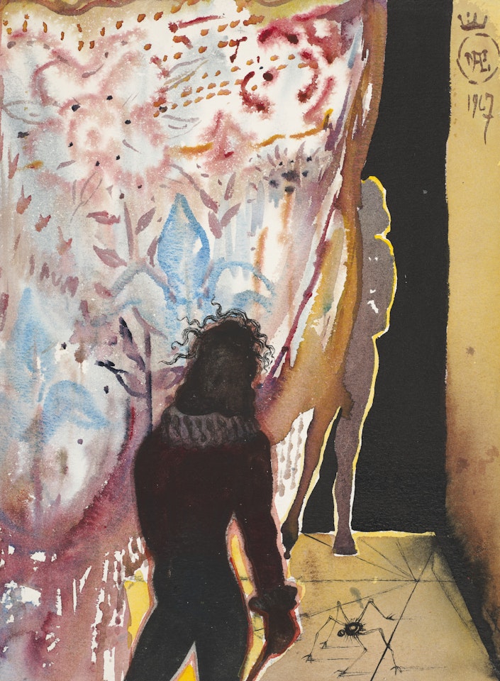 Hamlet dans la chambre de sa mère la Reine, Polonius caché derrière un rideau va être tué par Hamlet (Acte III, scène 4) by Salvador Dali