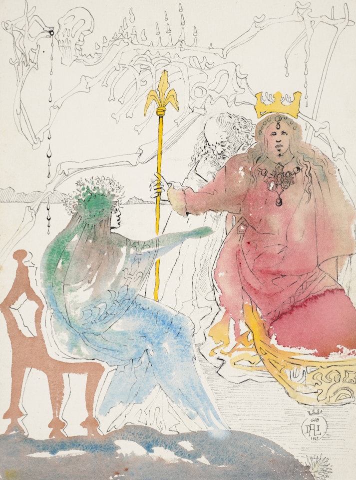Ophélia, le roi Claudius et Polonius et le spectre du roi Hamlet, le père mort en fond, révélation de la folie du fils Hamlet (Acte II, scènes 1 et 2) by Salvador Dali