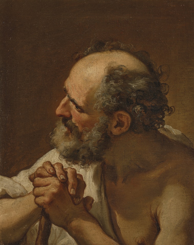 A bearded man, bust-length, his hands resting on a wooden staff by Ubaldo Gandolfi