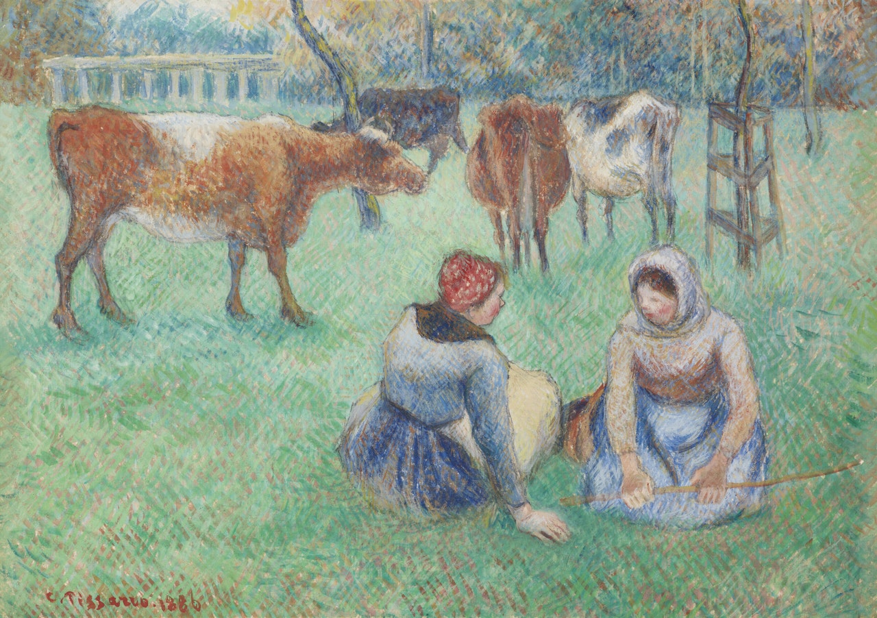 Paysannes assises gardant des vaches by Camille Pissarro