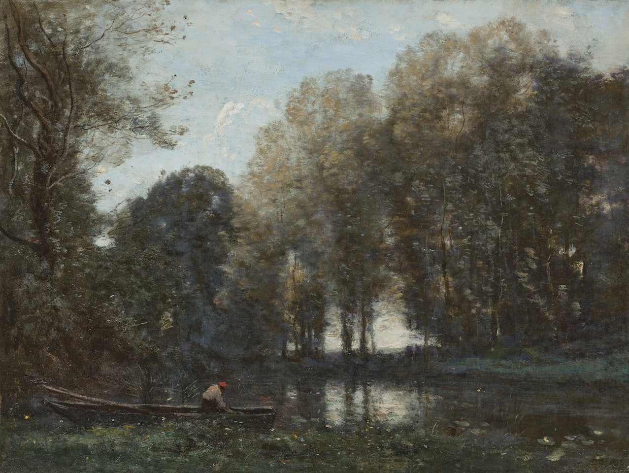 Pêcheur amarré sur la rive verte by Jean Baptiste Camille Corot