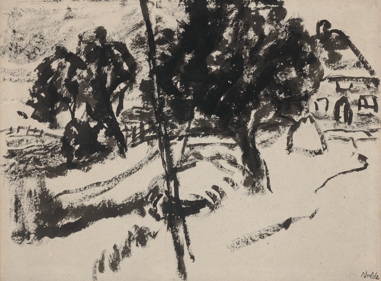 Bauernhaus hinter Bäumen by Emil Nolde