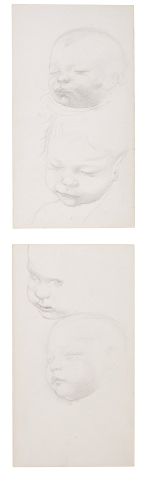 Two sheets of studies of sleeves for 'The Golden Stairs' in one frame; two sheets of studies of an infant's head for putti in 'Terra Omniparens', one sheet has a study for 'The Golden Stairs' verso by Edward Coley Burne-Jones