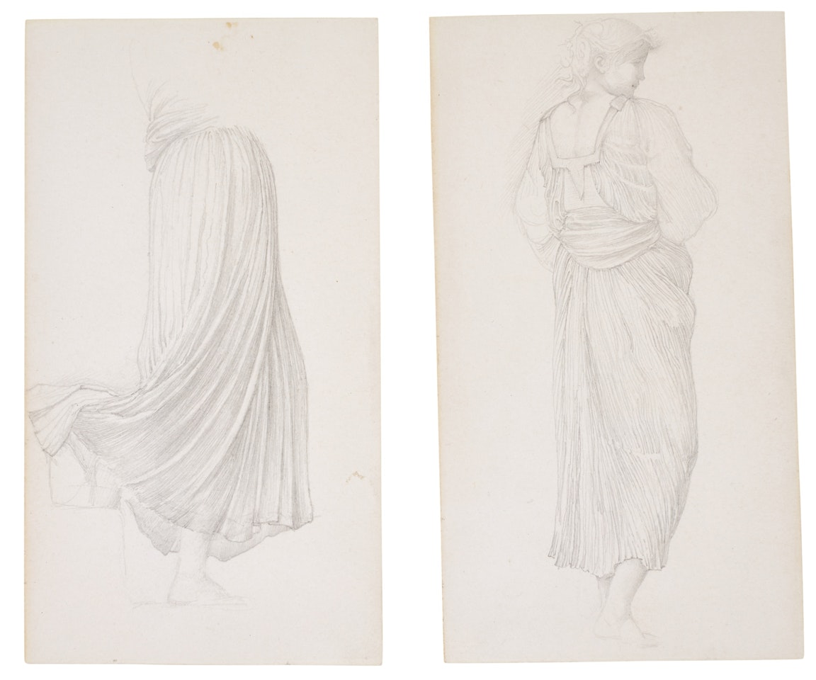 Four sheets of studies for 'The Golden Stairs' in two frames (three studies of drapery verso) by Edward Coley Burne-Jones