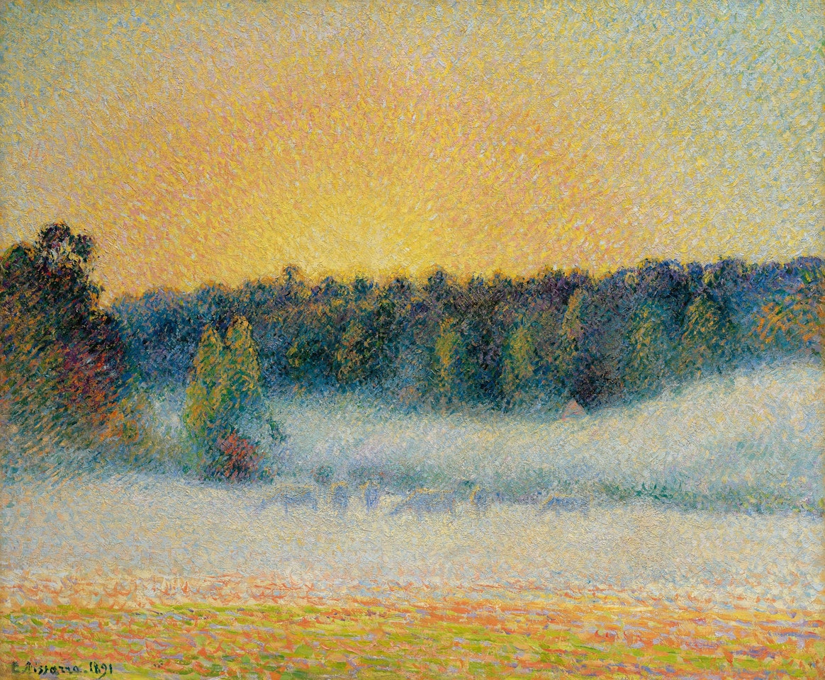 Prairie avec vaches, brume, soleil couchant à Éragny by Camille Pissarro