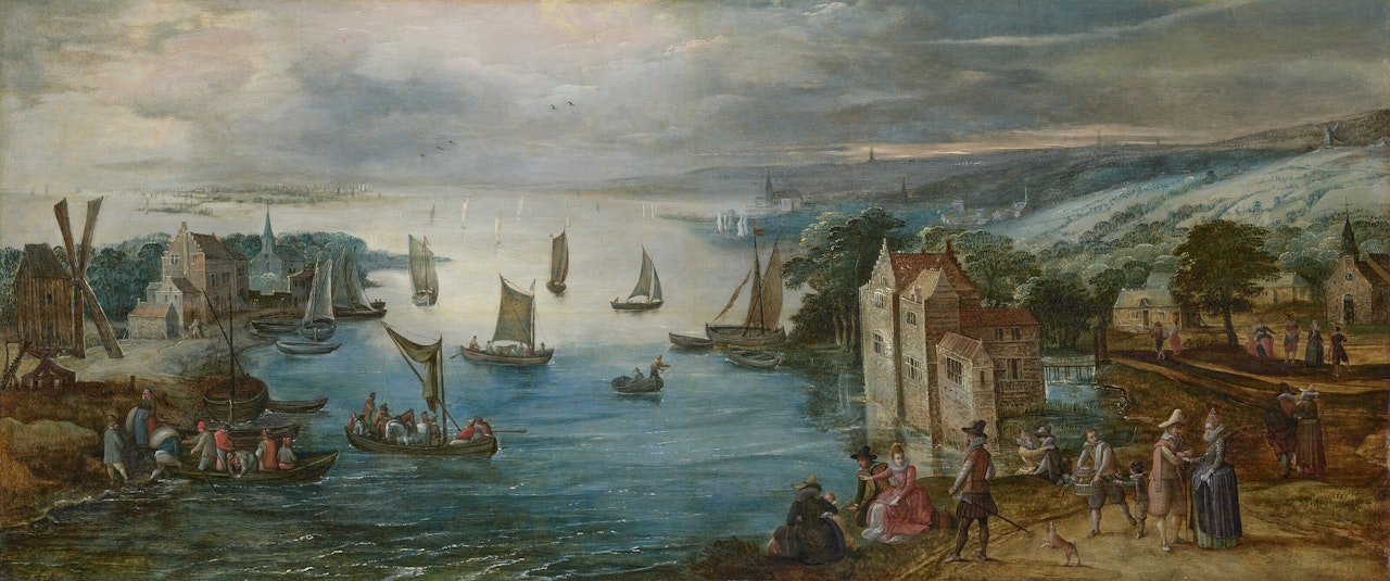 A river landscape with an elegant company on the banks by Joos de Momper the Younger