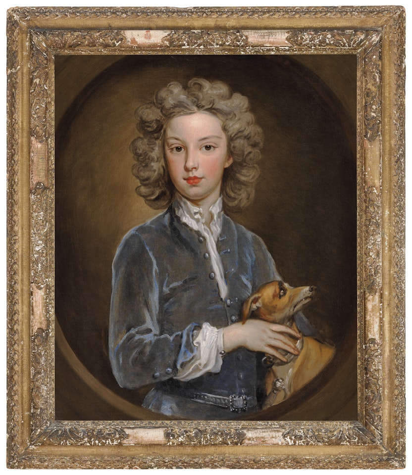 Portrait of Robert Hinde (d.), half-length, in a blue jacket, with a whippet, in a feigned oval by Godfrey Kneller