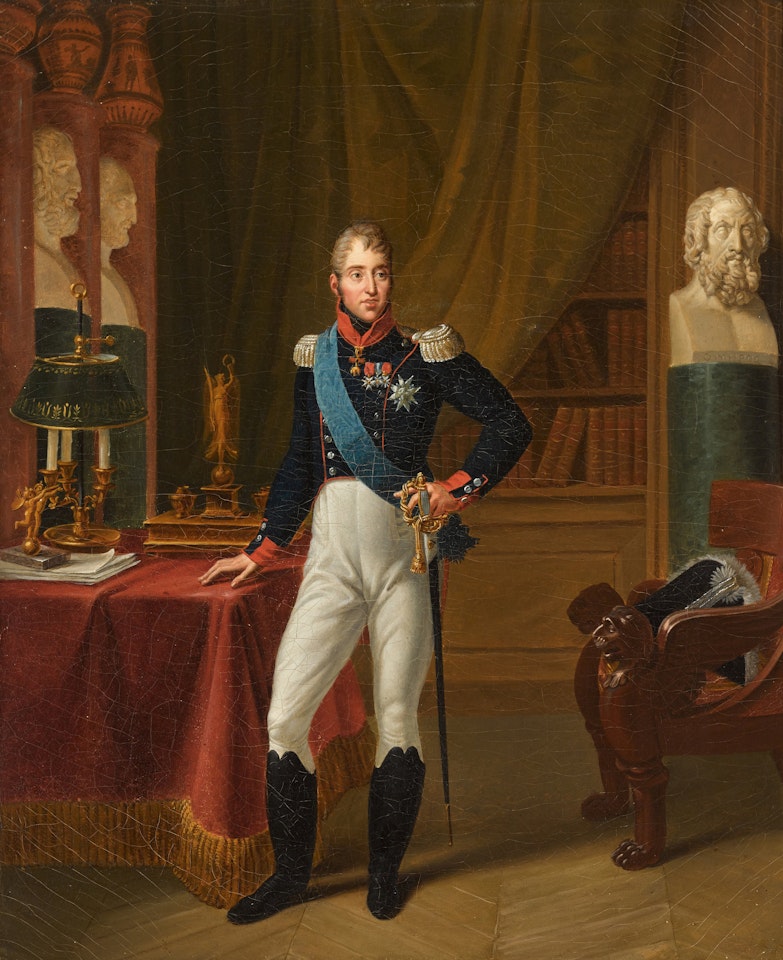 Portrait of King Charles X of France (1757–1836), full-length, in an Empire period interior decorated with classical busts and vases by French School