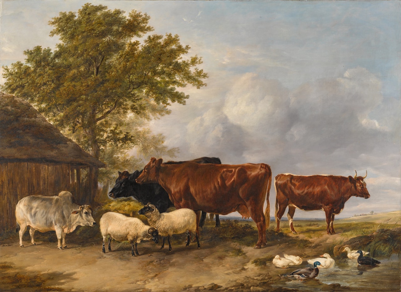 Cattle and sheep by a bower in a landscape by Thomas Sidney Cooper