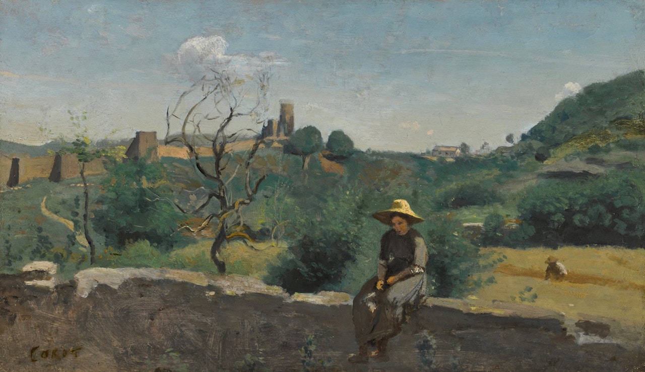 Le Château Sainte-Marie à Crémieu (Isère) – jeune paysanne assise sur un mur au premier plan (Château Sainte-Marie in Crémieu (Isère) – a young peasant woman seated on a wall in the foreground) by Jean Baptiste Camille Corot