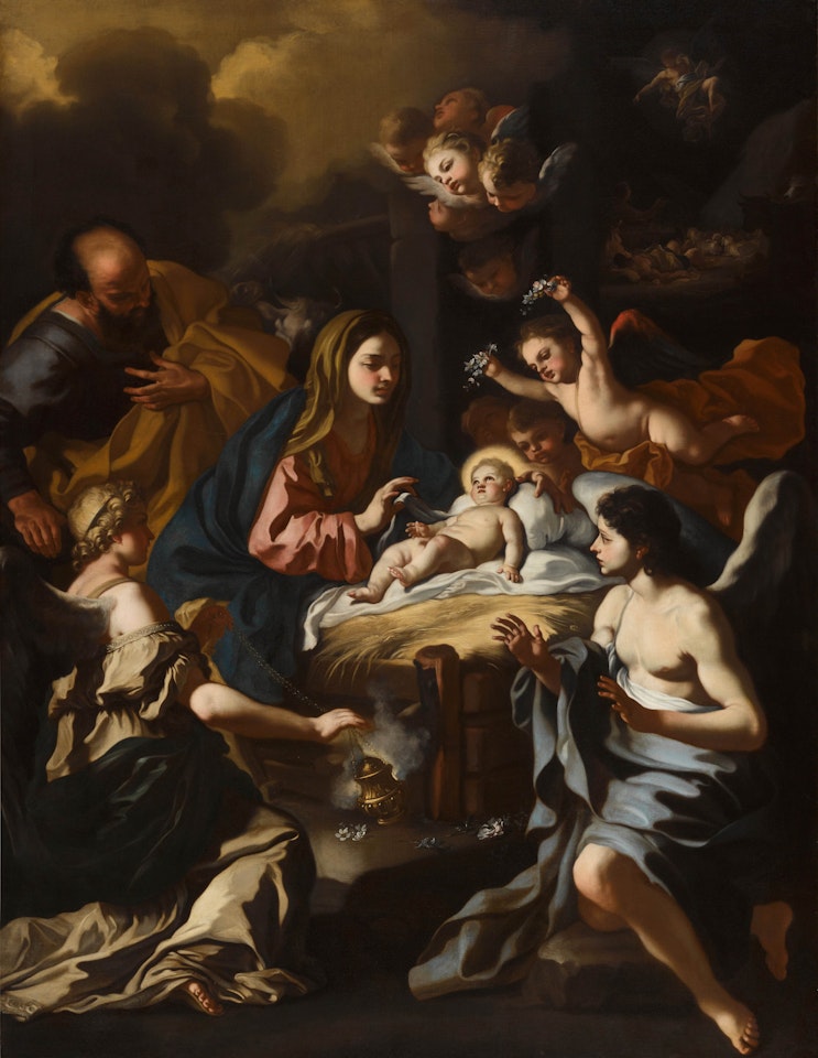 The Christ Child in the manger adored by angels by Francesco Solimena