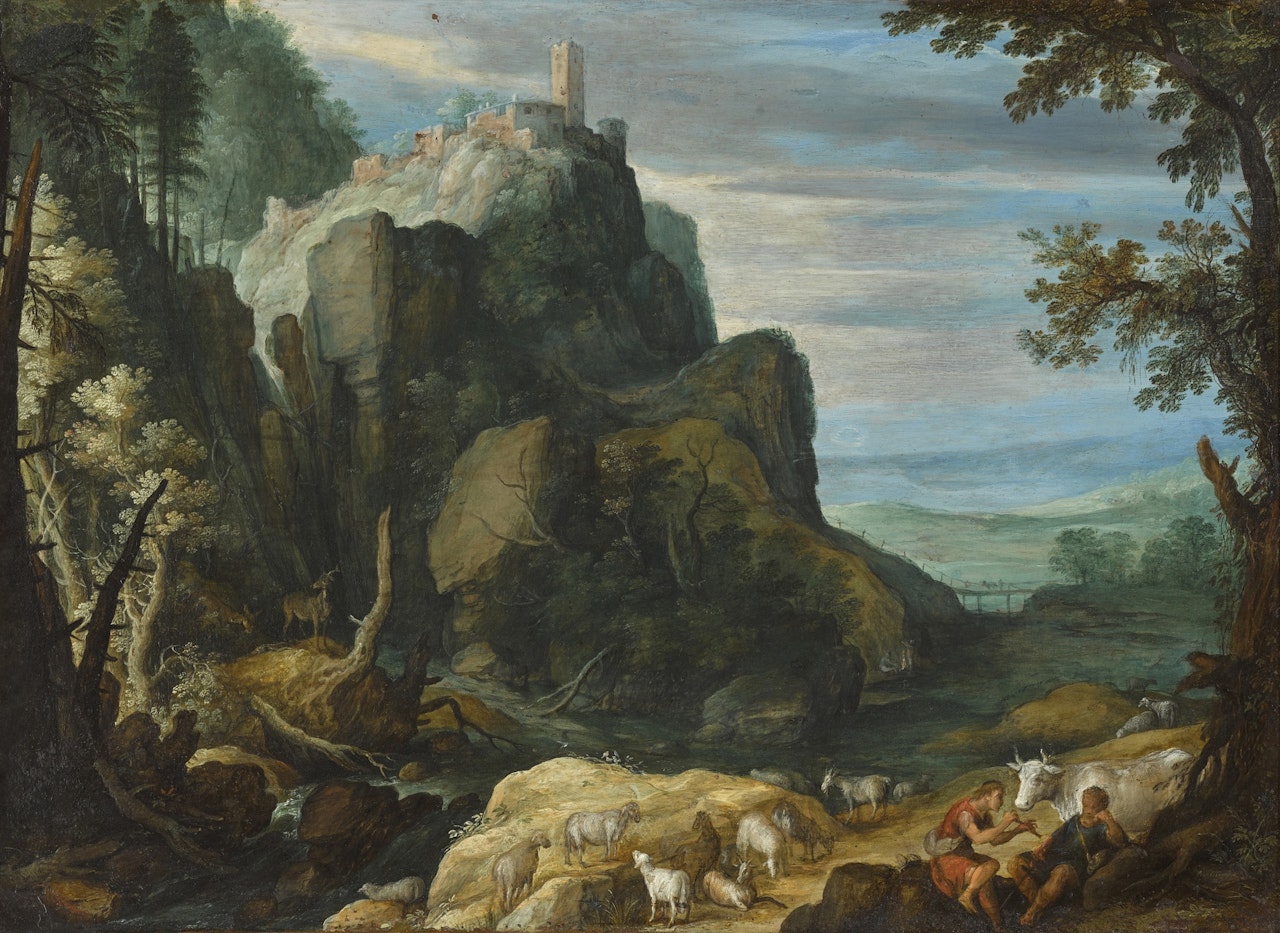 An extensive mountainous landscape with shepherds, animals and a castle beyond by Paul Bril