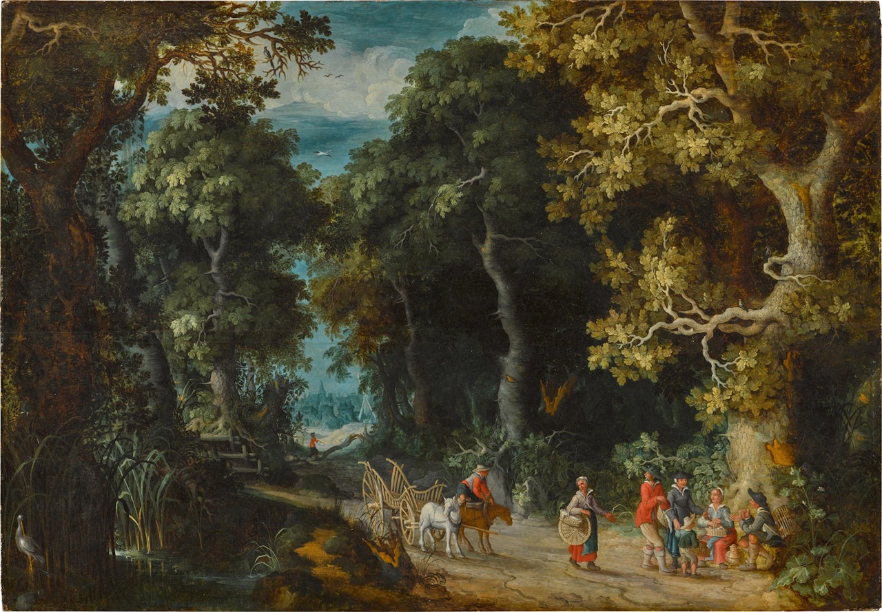 A wooded landscape with travellers and peasants on a path by a pond, a town in the distance by Abraham Govaerts