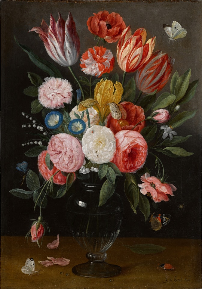 Still life of tulips, peonies, carnations, roses, convolvulus and other flowers in a glass vase on a ledge by Jan Van Kessel The Elder