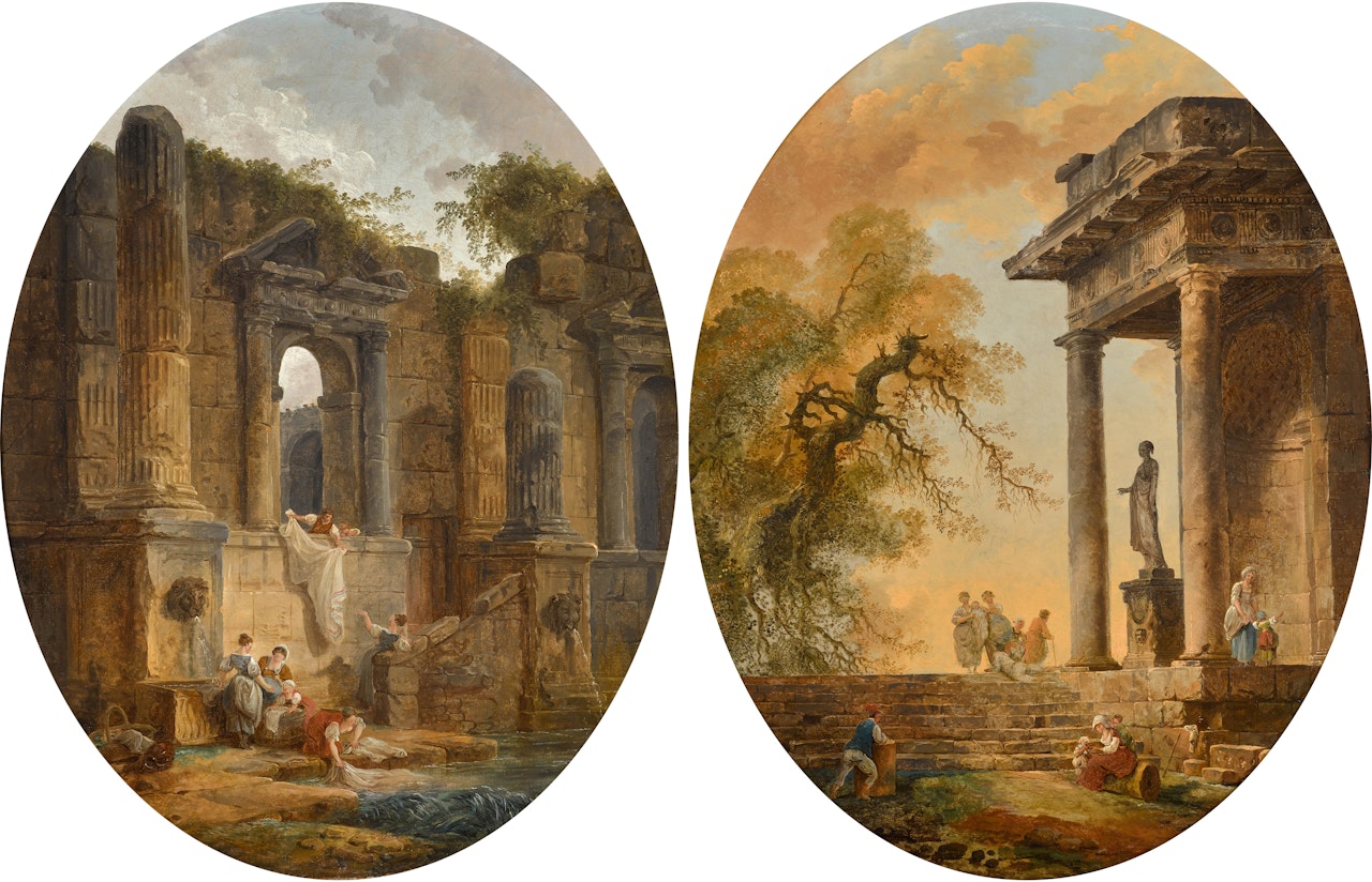 Washerwomen by a pool before the ruins of a palace; Figures resting by a portico with a statue of a woman by Hubert Robert