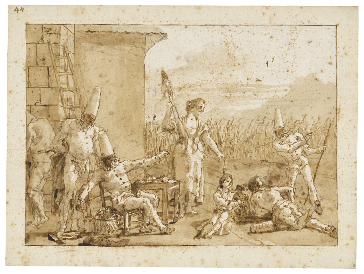 Punchinello and his family in a farmyard, spinning flax by Giovanni Domenico Tiepolo