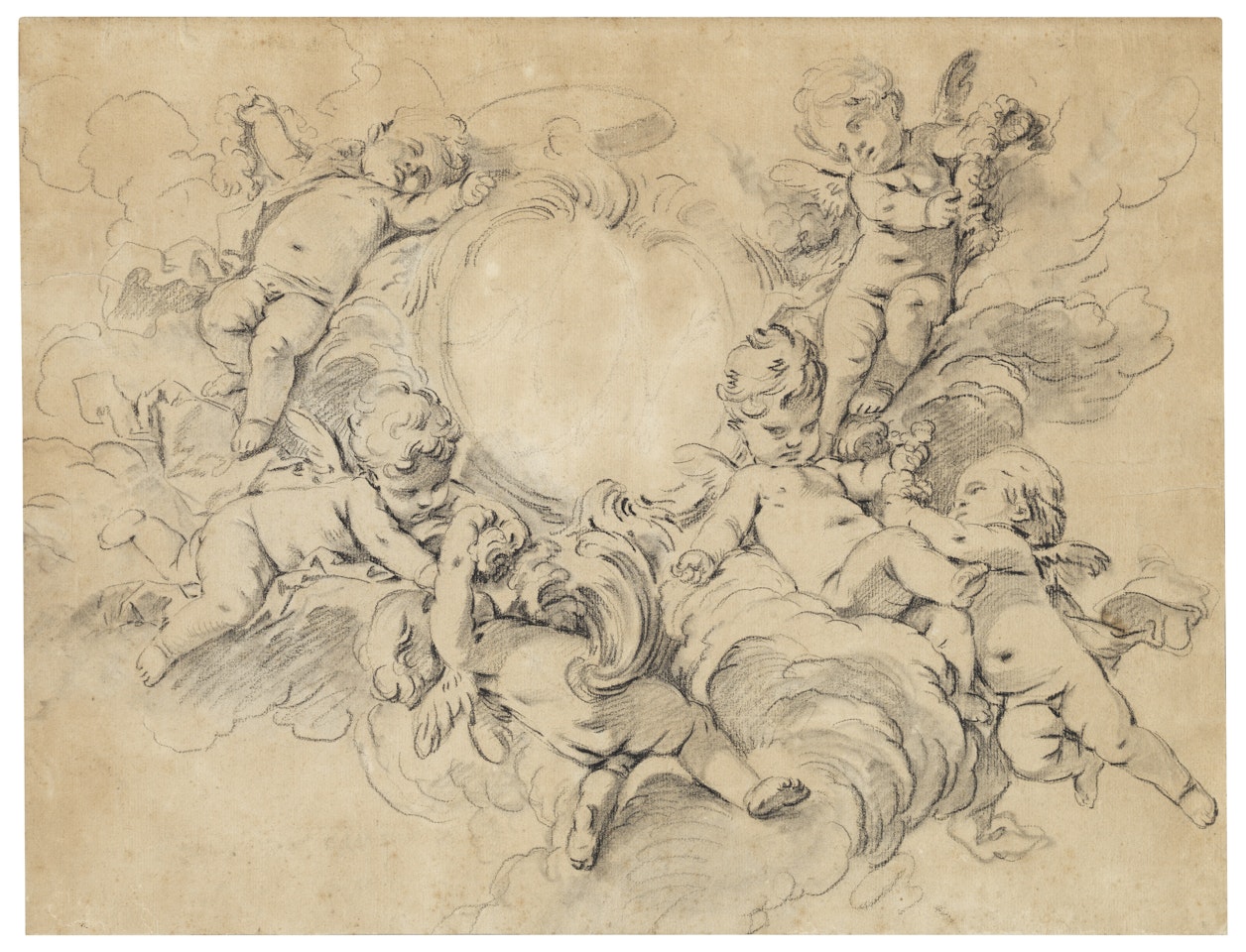 Putti in clouds, supporting a cartouche containing the initials ‘AN" by Francois Boucher