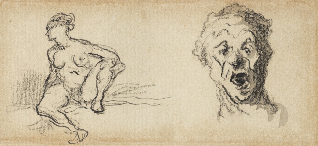 Study female nude, seated, one leg raised, and a head study of a man, his mouth open ( recto); Head study of a man, seen from above ( verso ) by Honoré Daumier