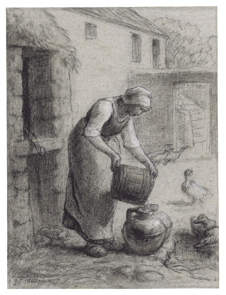 Woman pouring water into milk cans by Jean-François Millet