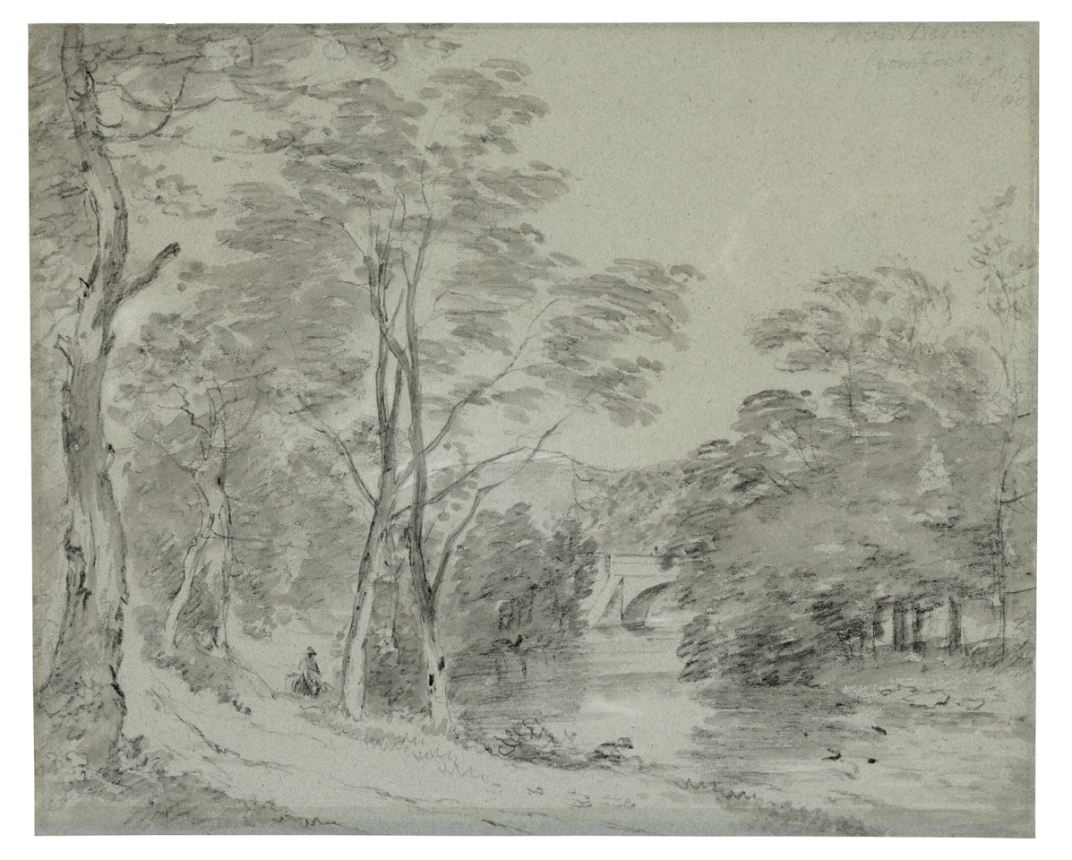 View of Cromford Bridge over the River Derwent, with a figure on horseback on a track in the left foreground by John Constable