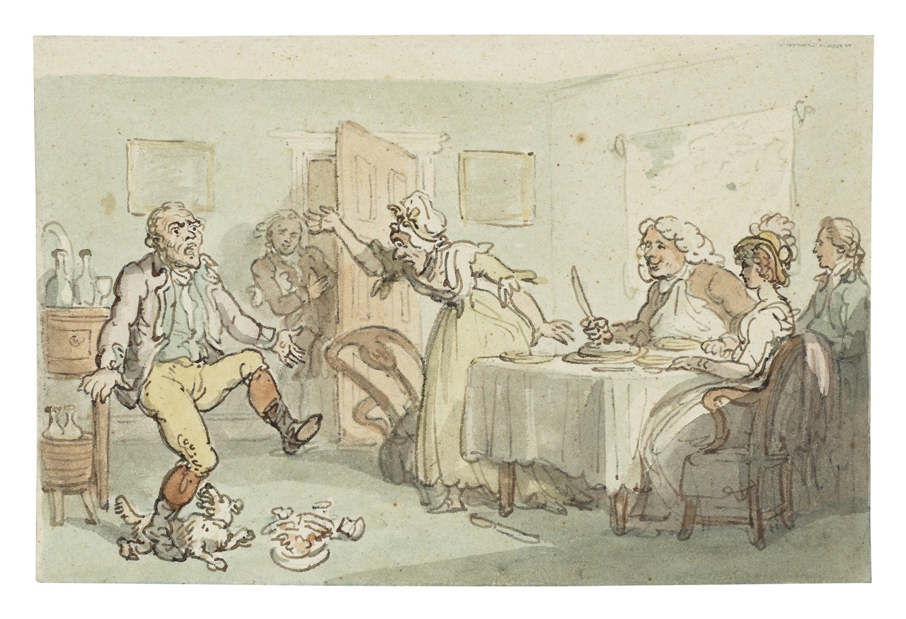 A group of ten drawings, seven illustrations for The Adventures of Roderick Random , and three unpublished illustrations for The Adventures of Joseph Andrews, and His Friend Mr. Abraham Adams : ‘Mutual defiance of Capt. Weazel and Miss Jenny Ramper"; ‘The Reading of the Will of Lieut. Rowling"s (Bowling"s) Brother"; ‘Feast after the Manner of the Ancients"; ‘Direful Consequences of Clinker"s Awkwardness"; ‘Humphrey Clinker in prison preaching to the Felons"; ‘The Marriage of Lieut Lumbago (?Lismahago) and Miss Tabitha etc";‘Tom Jones rescues Miss Waters from the violence of Northerton (unpublished version)"; and three Unpublished drawings for ‘Joseph Andrews" by Thomas Rowlandson