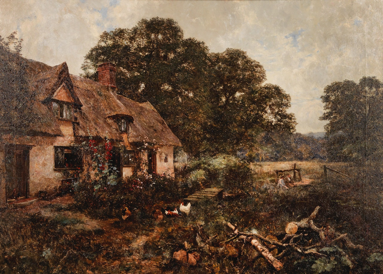 Fishing by the cottage by Edward Wilkins Waite