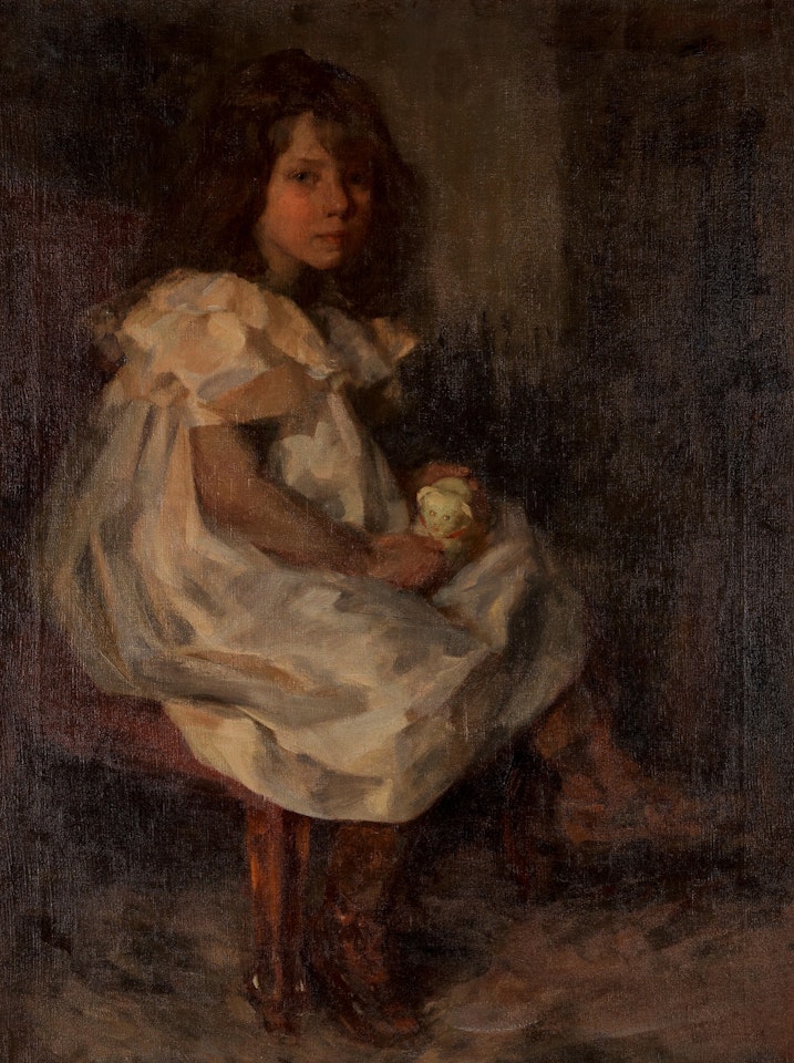 Portrait of a little girl holding a toy by James Jebusa Shannon