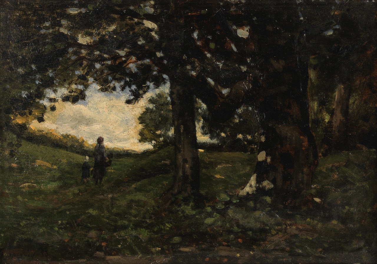 Mother and child on a woodland path by Henri Harpignies