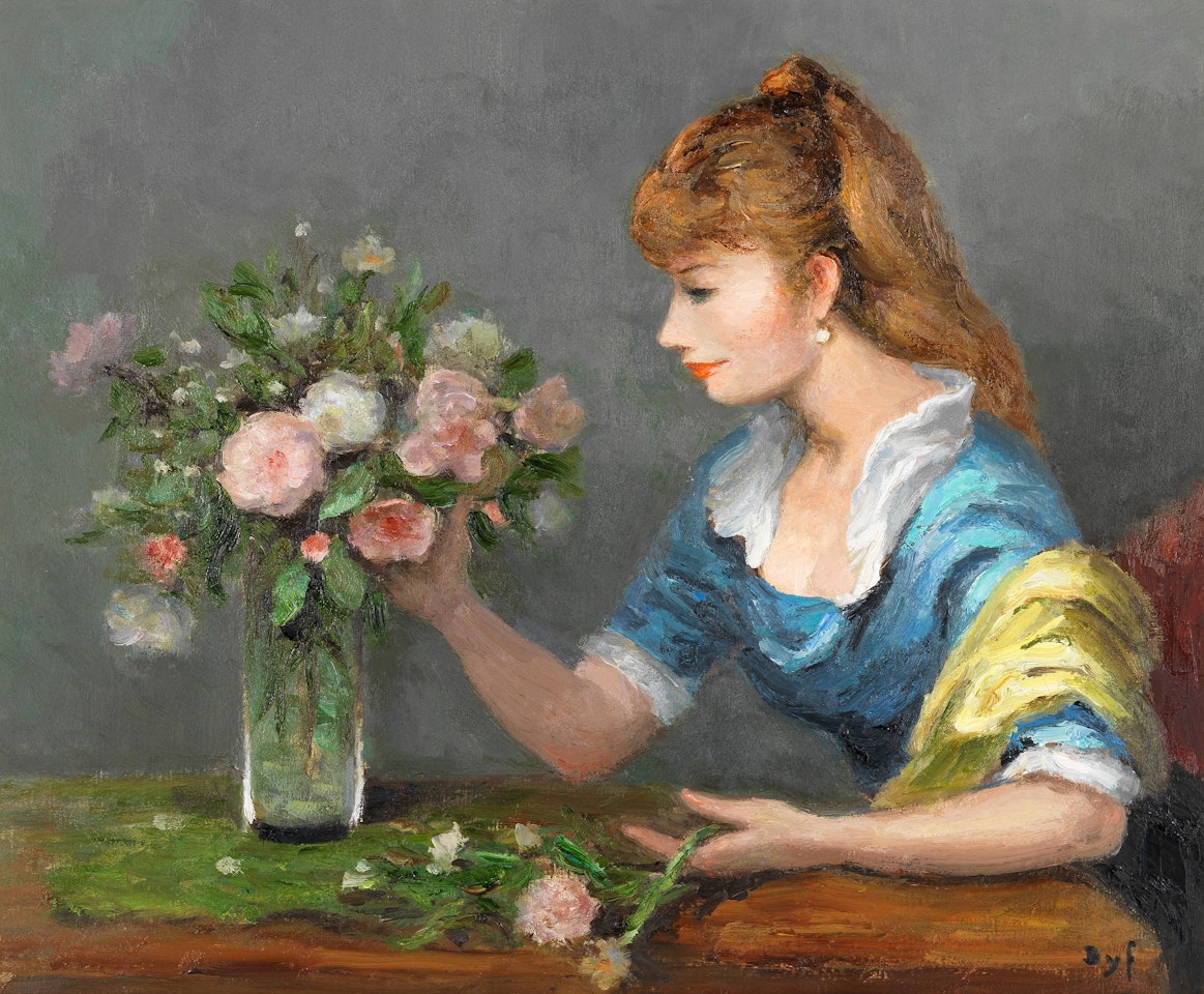 Claudine arrangeant un bouquet by Marcel Dyf