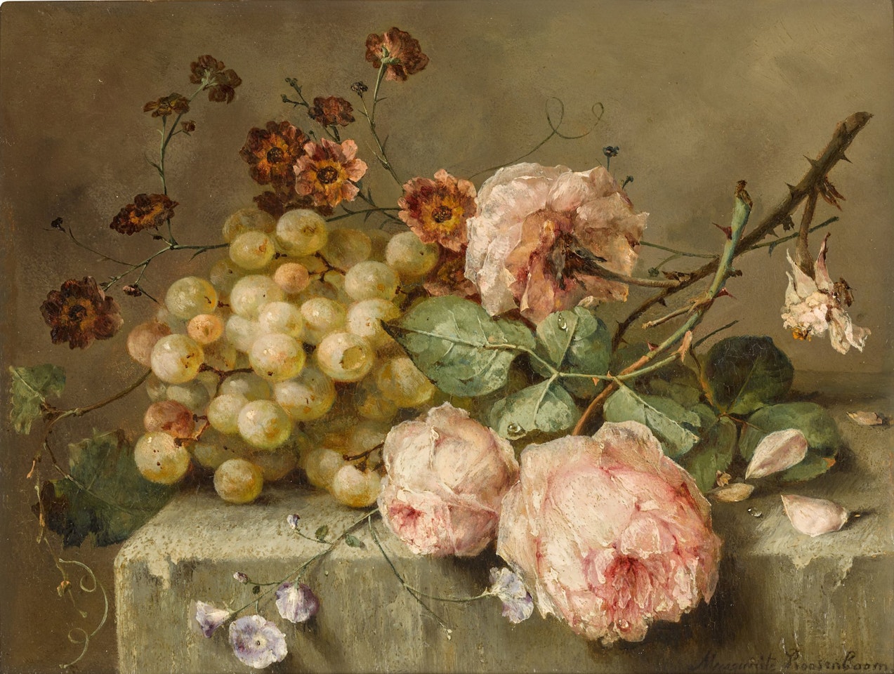 A still life with roses and grapes by Margaretha Roosenboom
