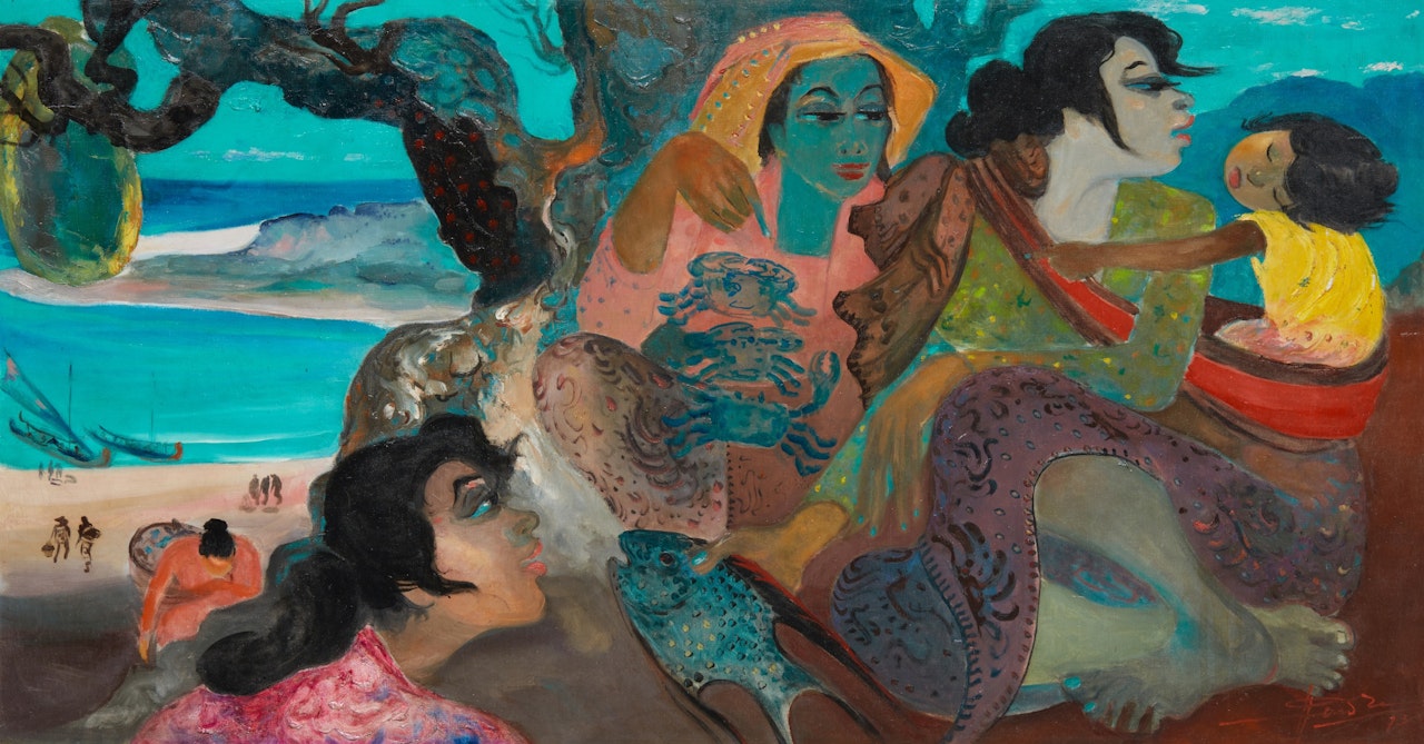 Women and Child on a Beach by Hendra Gunawan