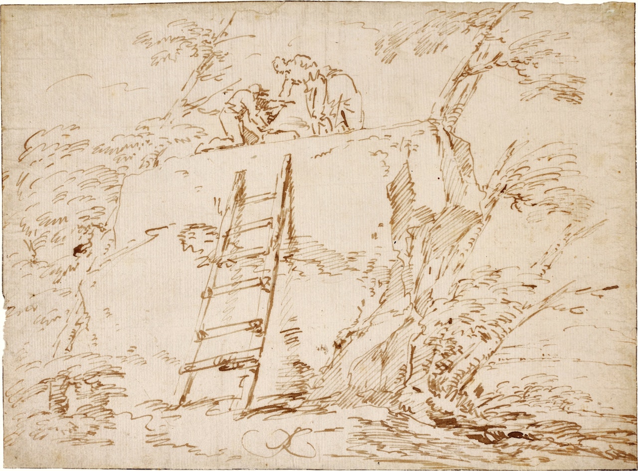 A landscape with a large rock and three figures, a wooden ladder in the centre leaning against the rock by Salvator Rosa